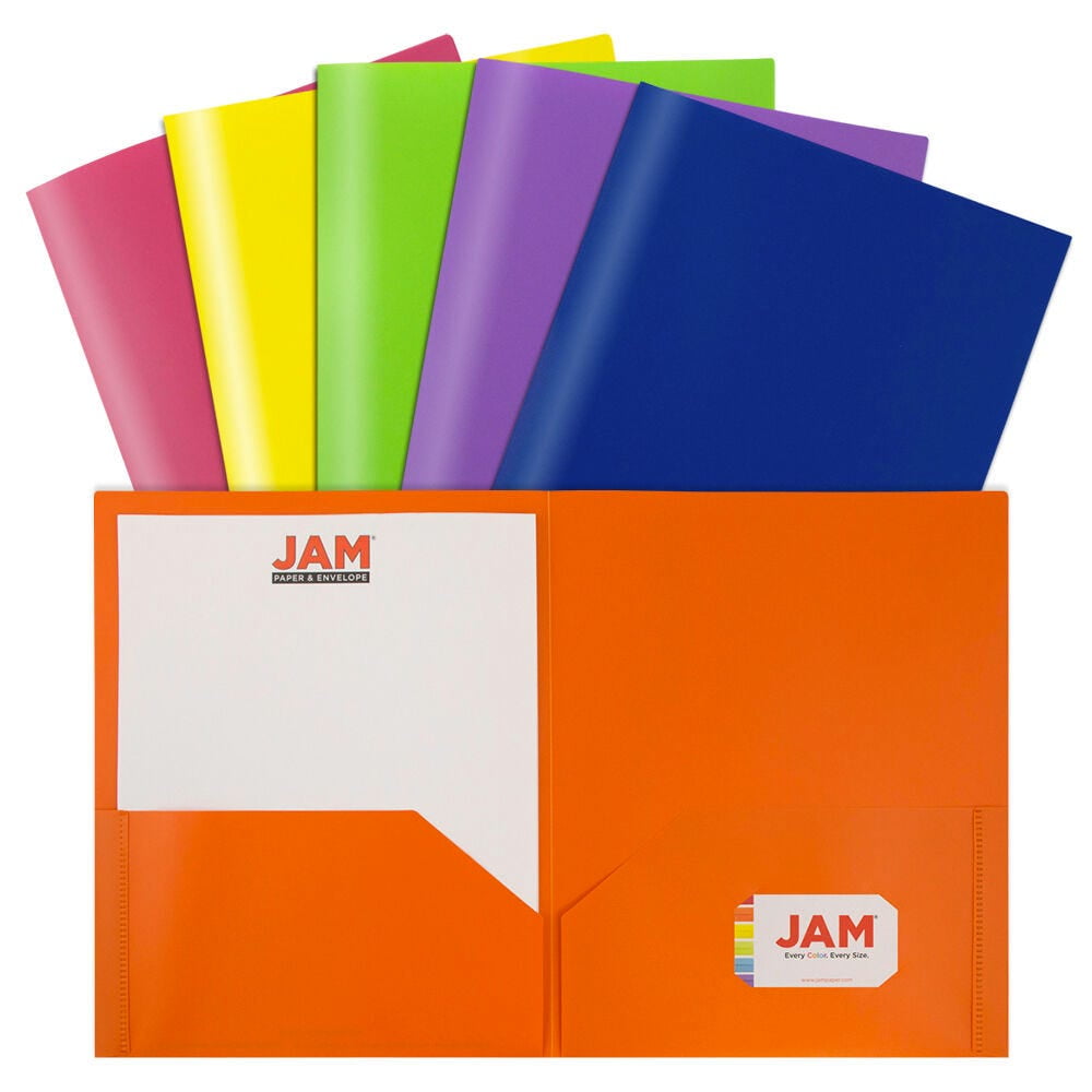 JAM Paper Plastic 2 Pocket POP Folders, School Folders, Assorted Primary Colors, Bulk 48/Pack