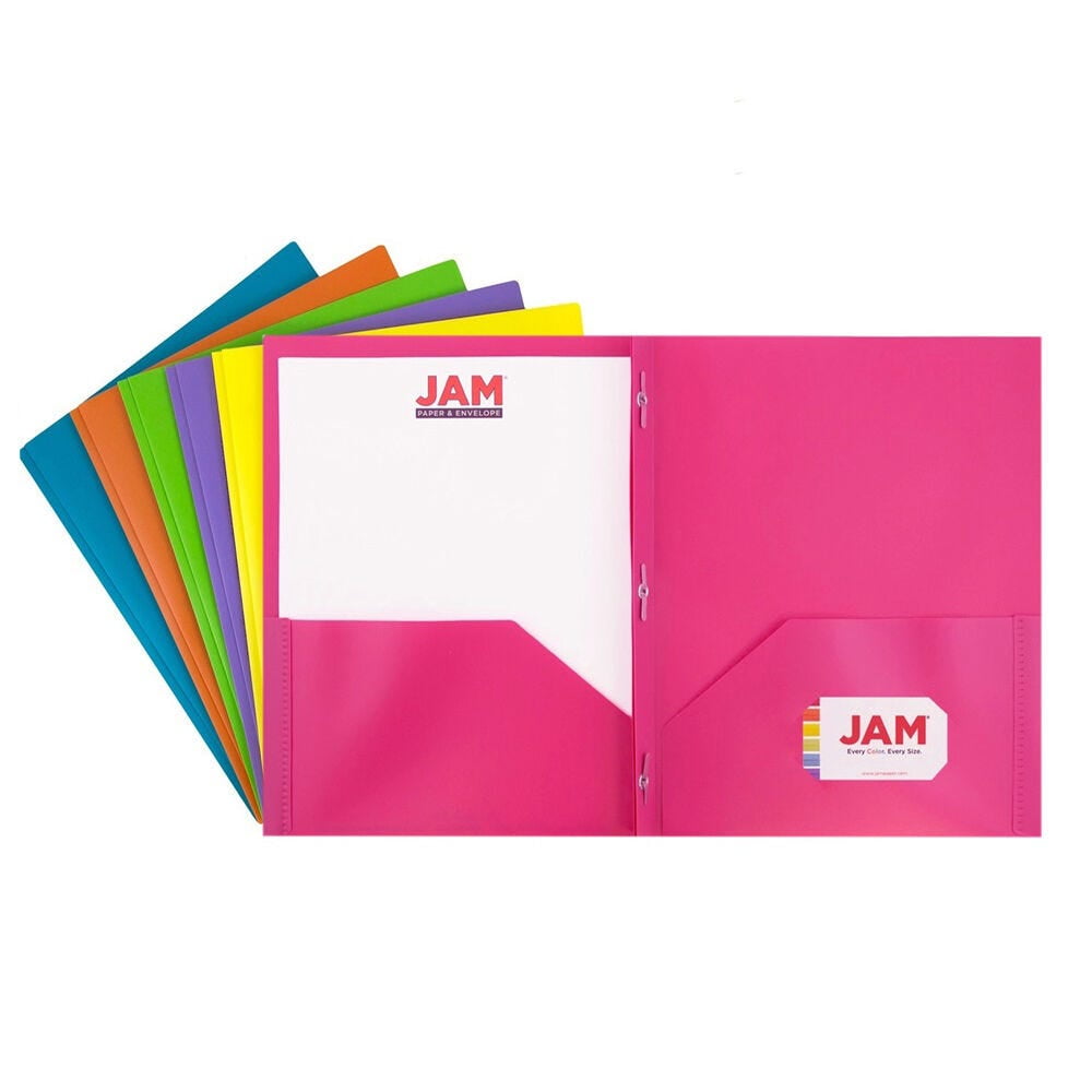 JAM Paper Plastic 2 Pocket POP Folders with Prongs Fastener Clasps, Assorted Fashion Colors, Bulk 96/Box