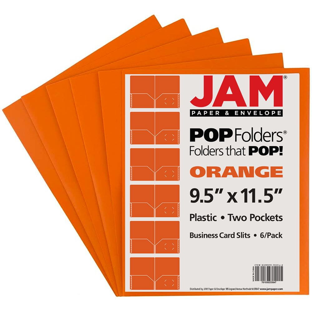 JAM Paper Plastic 2 Pocket School POP Folders, Orange, 6 per Pack