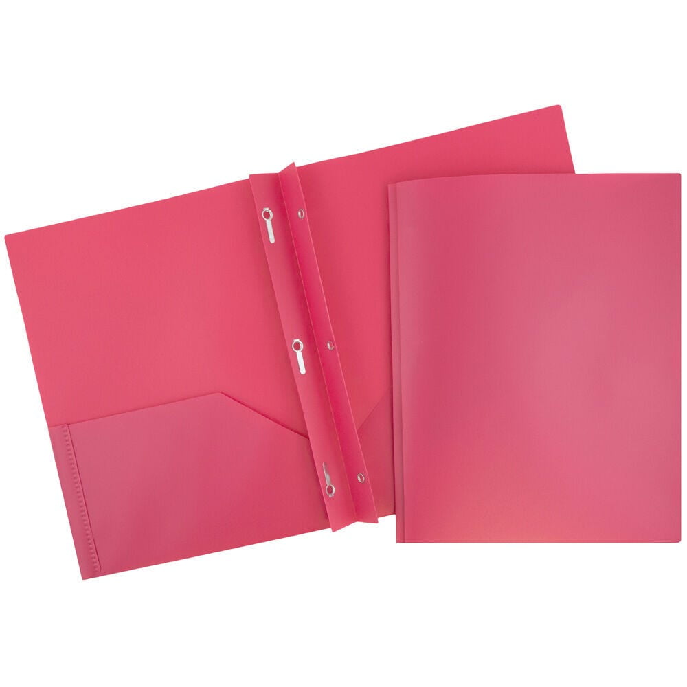 JAM Paper Plastic 2 Pocket School POP Folders with Metal Prongs Fastener Clasps, Fuchsia Hot Pink, 3/Pack