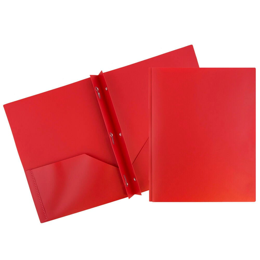 JAM Paper Plastic 2 Pocket School POP Folders with Metal Prongs Fastener Clasps, Red, 3/Pack
