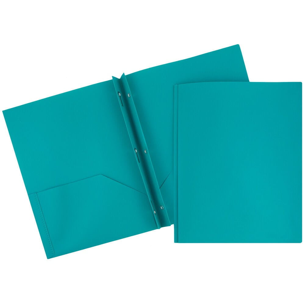 JAM Paper Plastic 2 Pocket School POP Folders with Metal Prongs Fastener Clasps, Teal Blue, 3/Pack