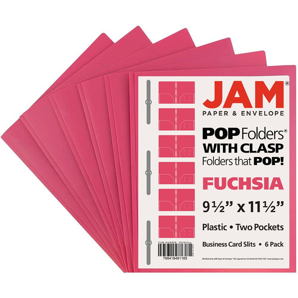 JAM Paper Plastic Pocket POP Folders with Metal Fastener Clasps, Fuchsia Hot Pink, 6 per Pack