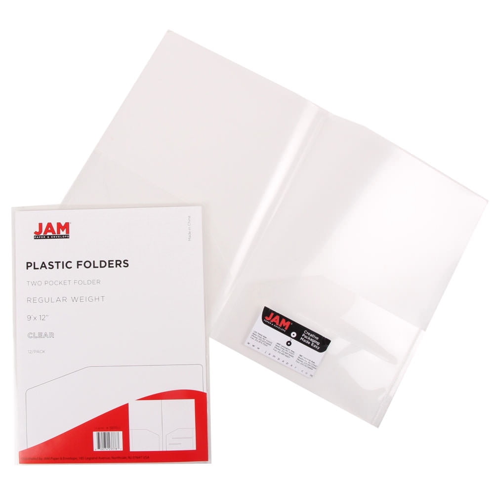 JAM Paper Plastic Regular Weight Folders, Clear, 6 per Pack, Two Pocket