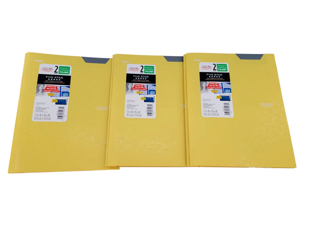 Lot 3 Five Star 2 Pocket Folder & Prong Fasteners, Stay-Put Folders, Yellow New