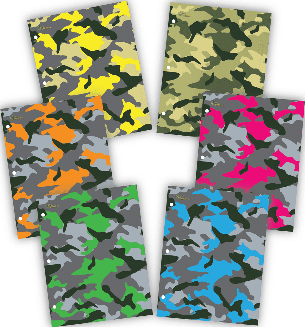 New Generation Camouflage 2-Pocket Folders, 12" x 9.25" Fashion School Folders with Two Pockets, 6 Count
