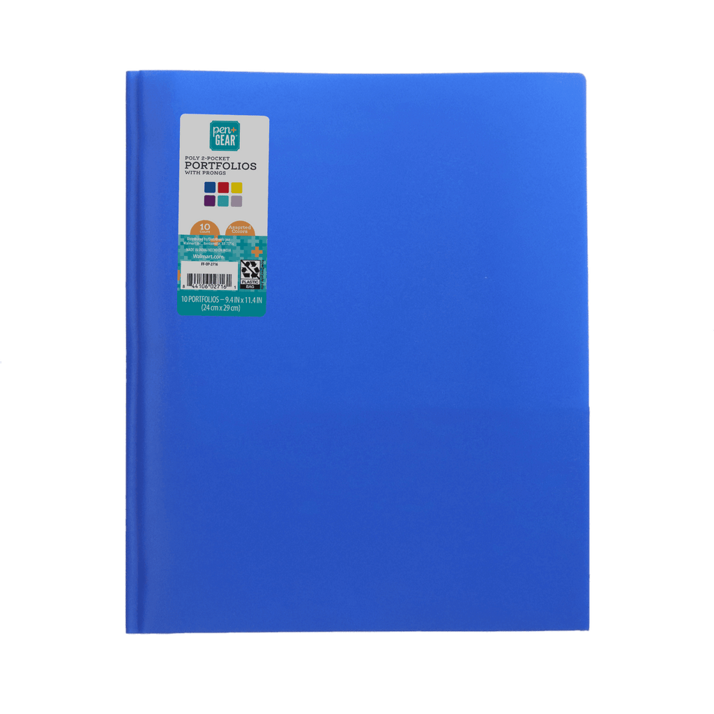 Pen+Gear 2 Pocket Poly Portfolio with Prongs, Multicolor, 10 Count