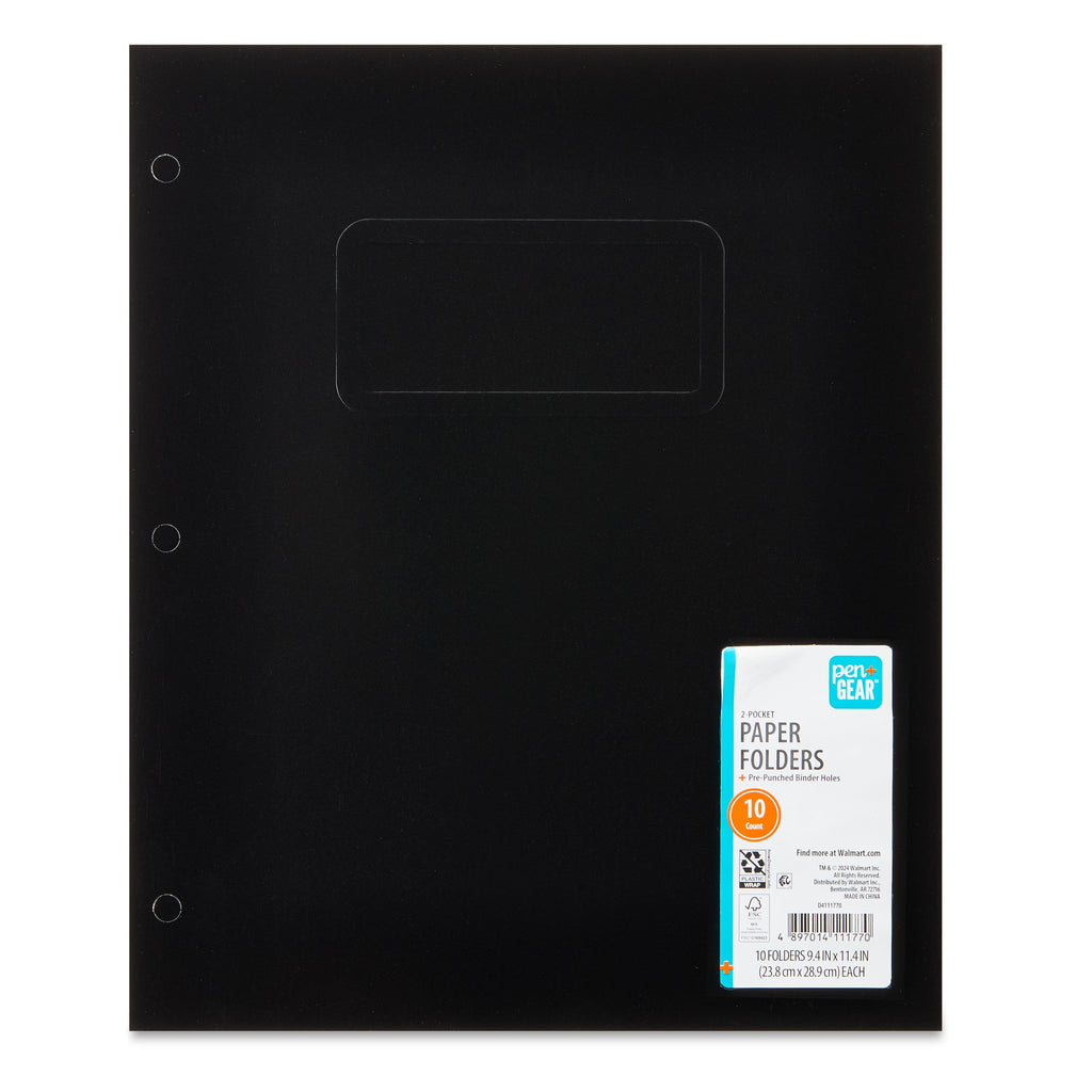 Pen+Gear Letter Size 2-Pocket Paper Folders, Black, 9.4" x 11.4", 10 Count
