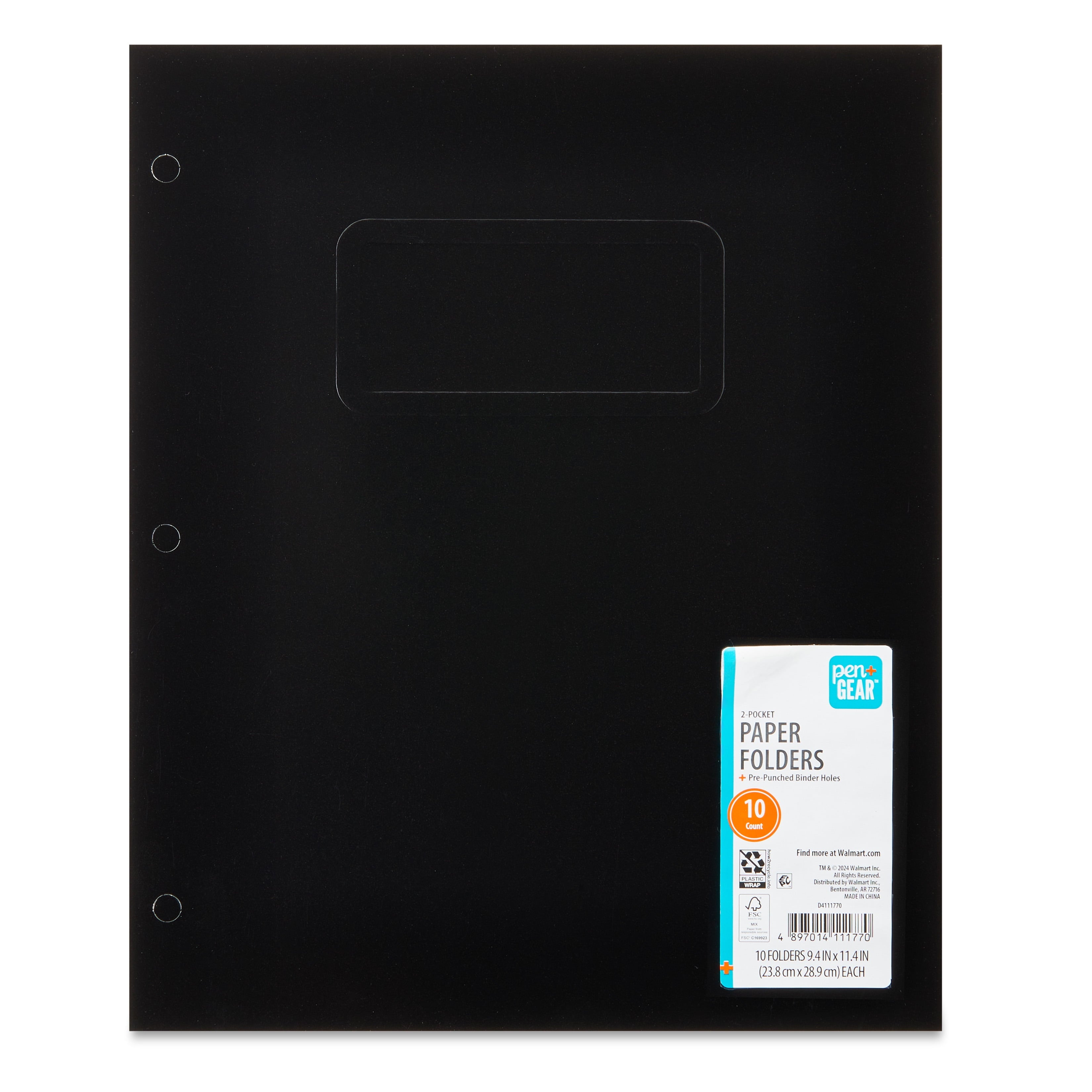 Pen+Gear Letter Size 2-Pocket Paper Folders, Black, 9.4" x 11.4", 10 Count