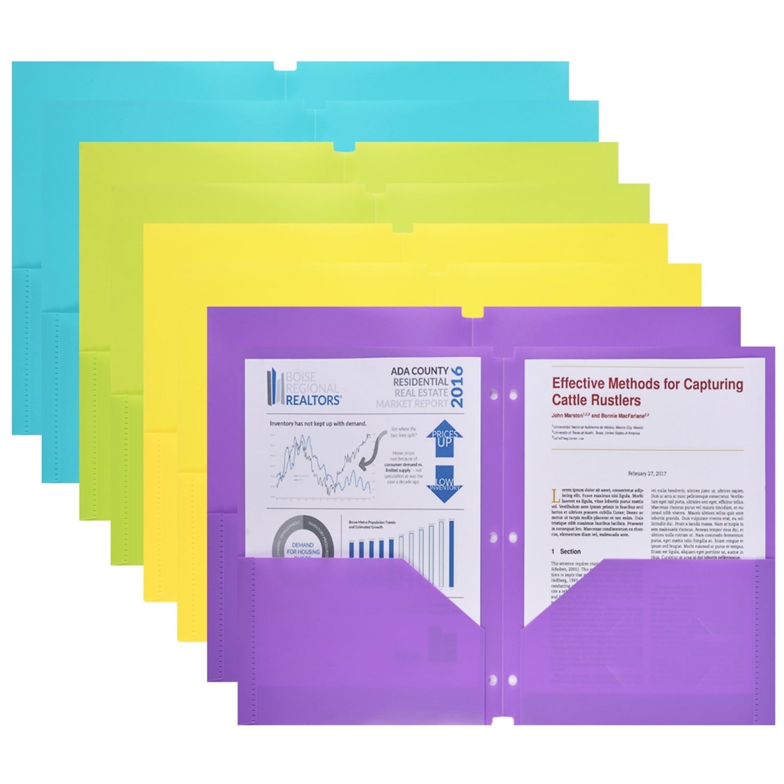 RYWESNIY Plastic Folders with Pockets, 3 Hole Punch School Folders for 3 Ring Binder, Letter Size, Assorted Colors, 8 Pack