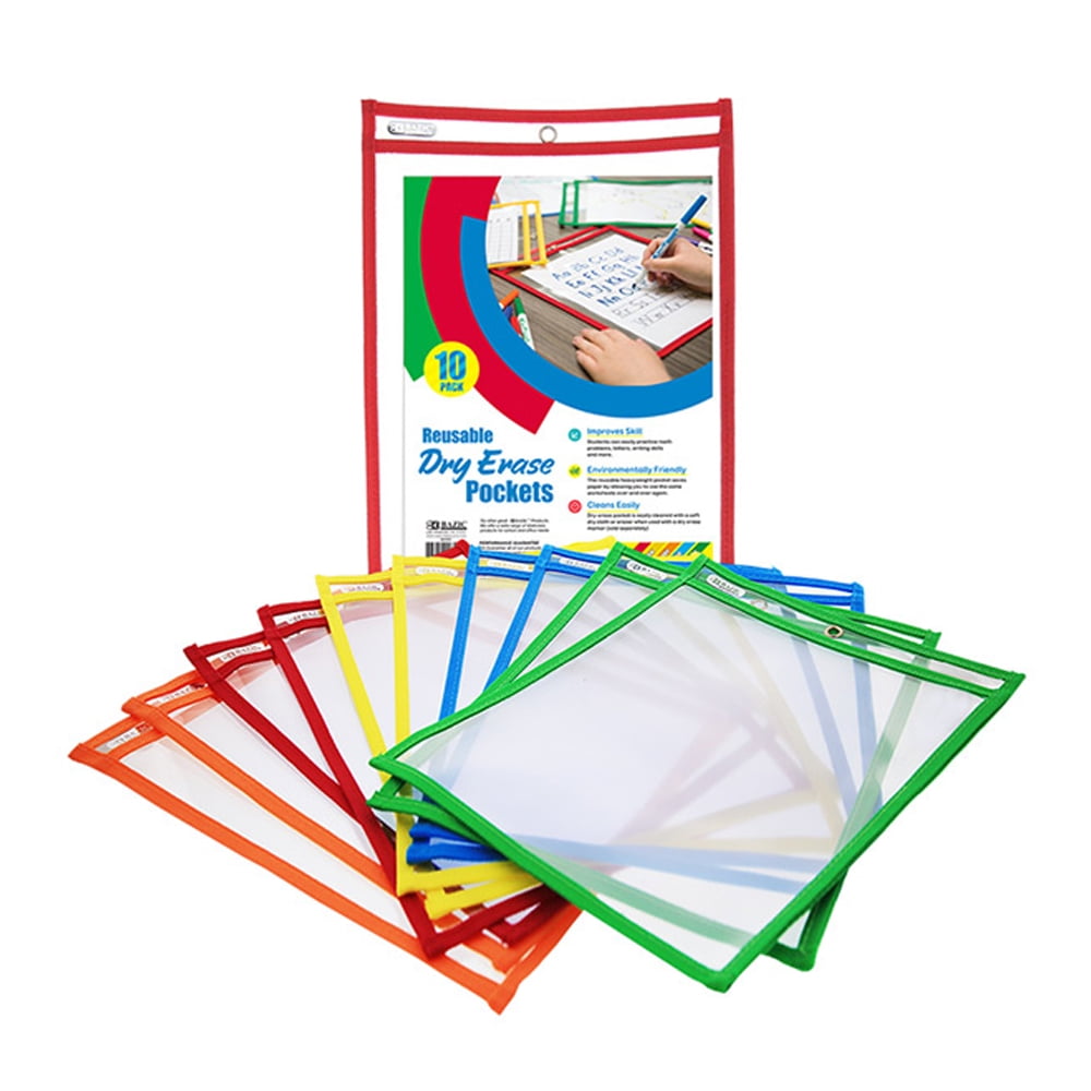 Reusable Laminate Folder Dry Erase Pockets 9" x 12" Assorted Colors, 10 Pieces