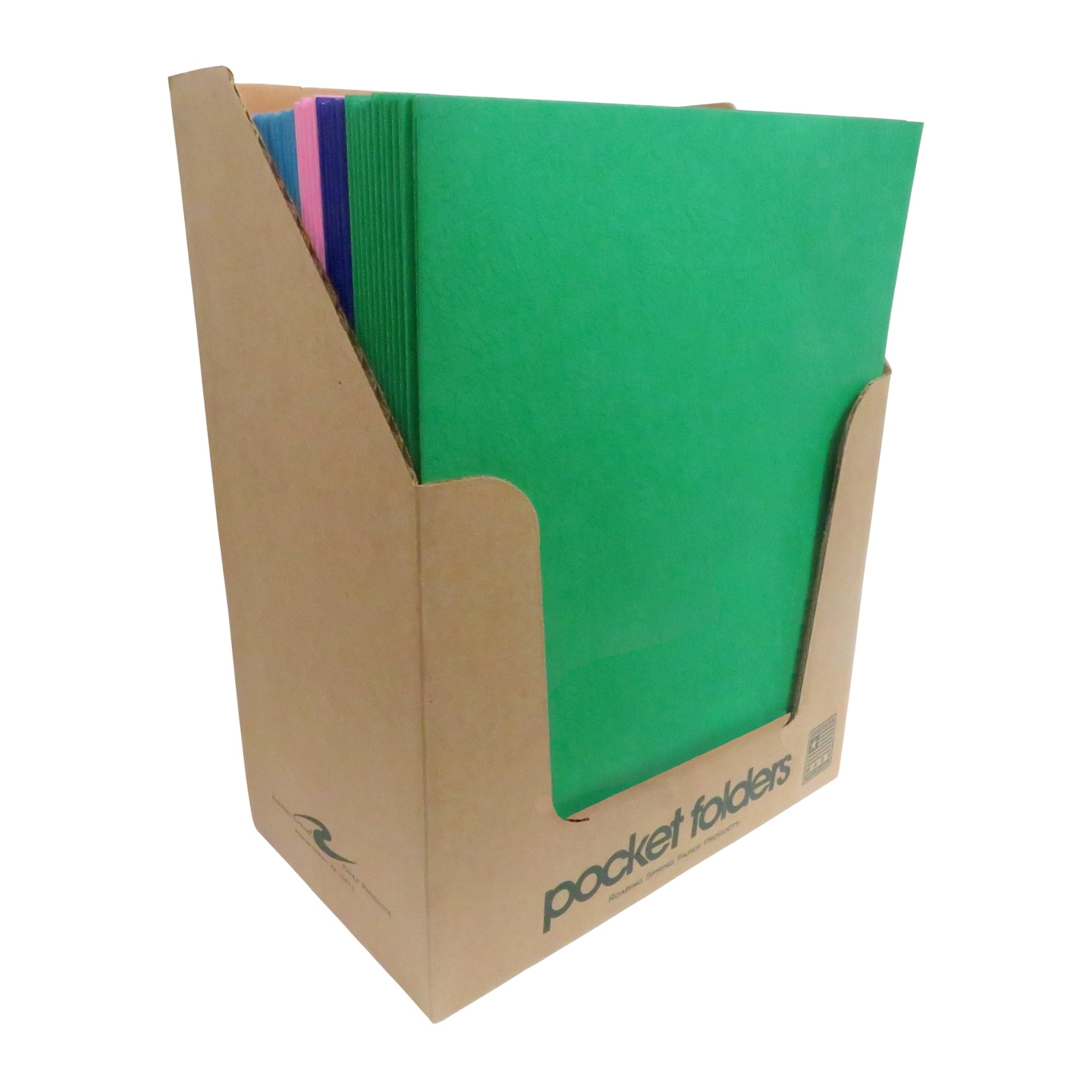 Roaring Spring 50 Pocket Folders in Holder, 11.75"x8.5", Twin Pockets Hold 25 Sheets Each, 5 Standard Colors, Made in the USA