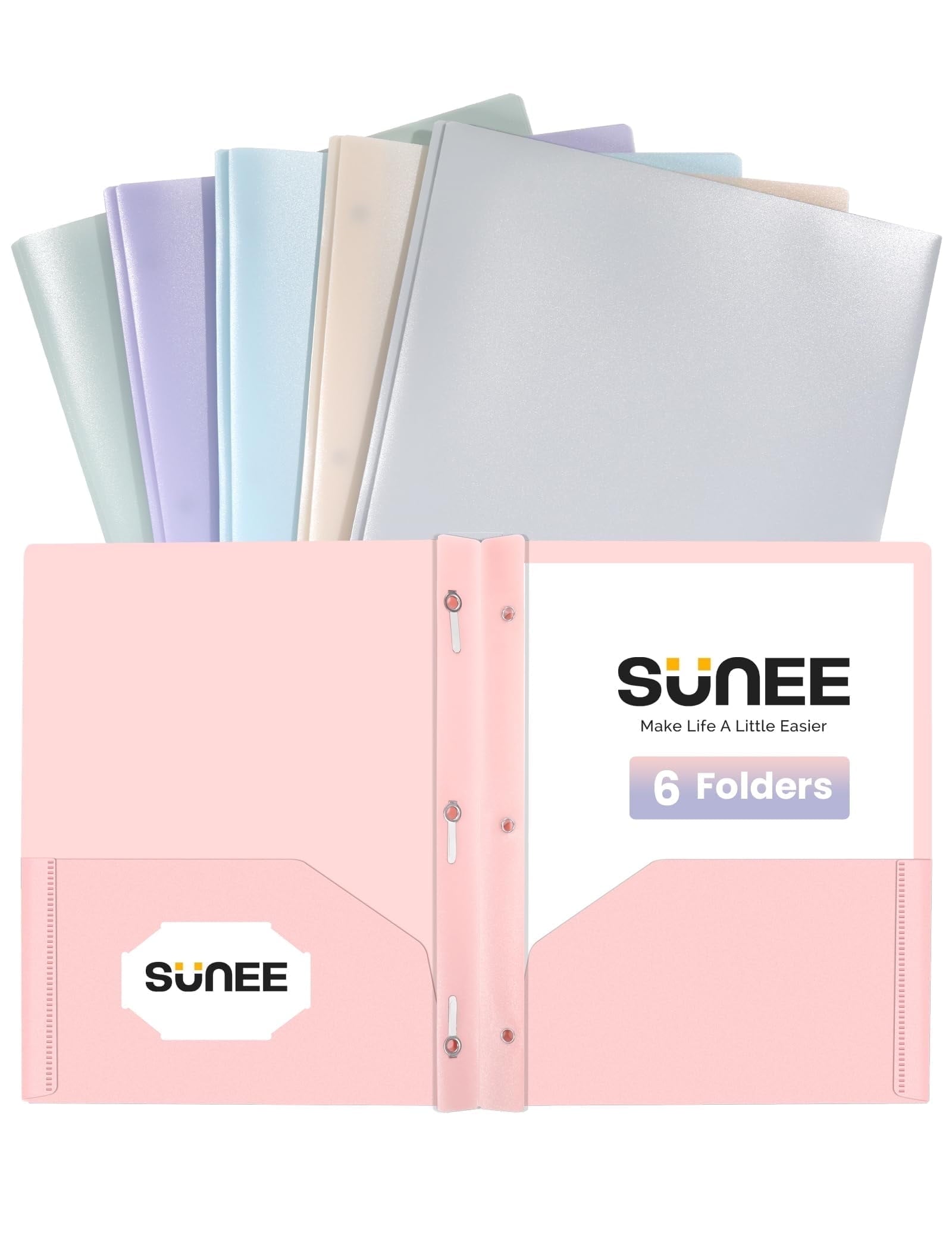SUNEE 3-Prong Plastic Folders with Pockets 6 Color Heavy Duty Two Pocket Folder Business Card Holder for Work Home (Pastel Colors)