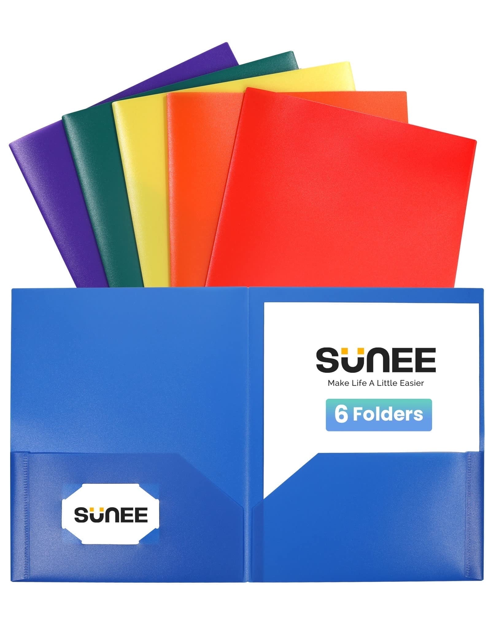 SUNEE Plastic Folders with Pockets, Plastic Work Home Folders,Assorted Colors,Letter Size, 6 Pack