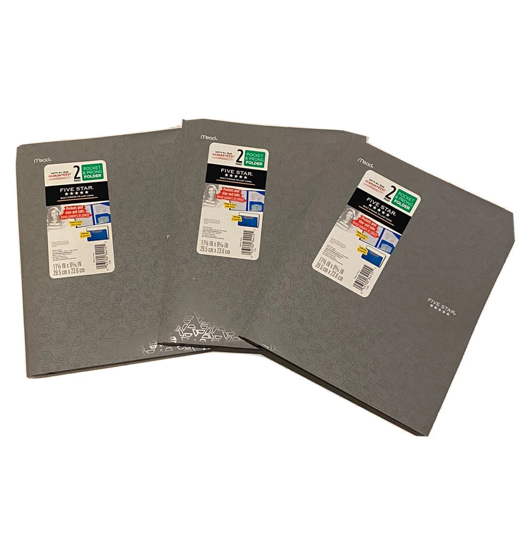 Set Of 3 Five Star 2 Pocket Folder With Prong Fasteners, Stay-Put Folders, Gray