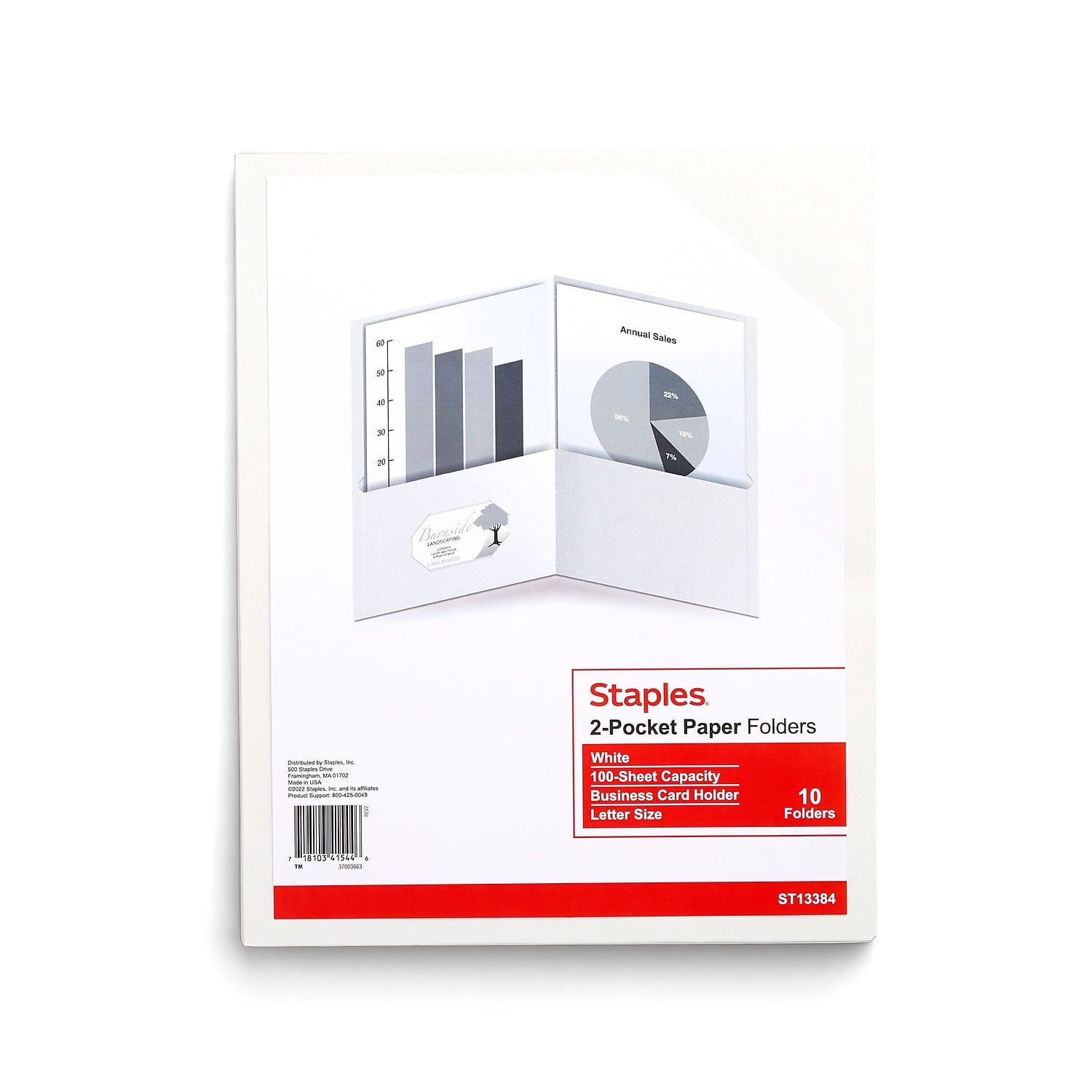 Staples 10% Recycled Smooth 2-Pocket Paper Presentation Folder White 10/Pack (13384-CC) ST13384