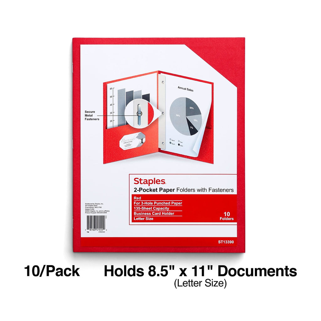 Staples 10% Recycled Smooth 2-Pocket Paper Presentation Folder with Fasteners Red 10/Pack (13390-US)