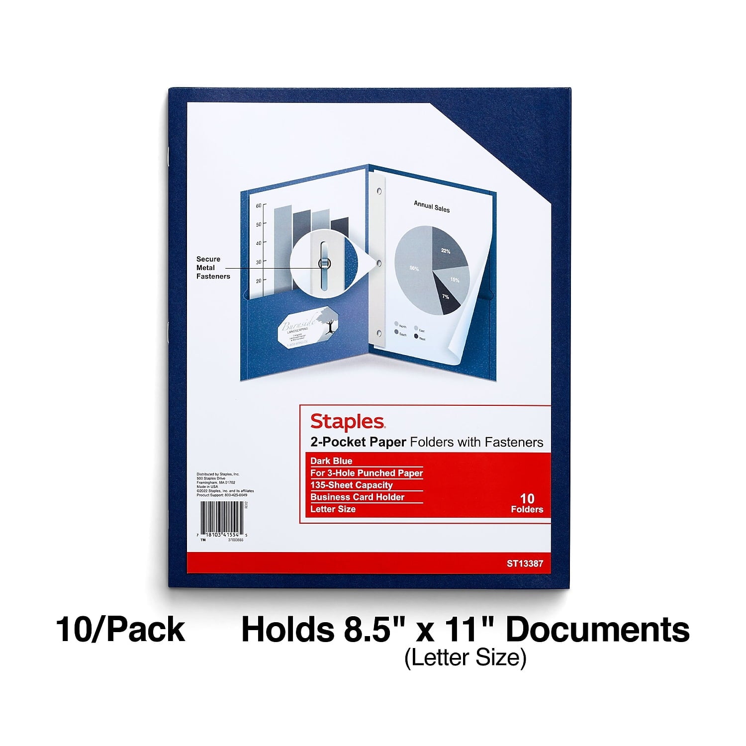 Staples 10% Recyled Smooth 2-Pocket Paper Presentation Folder with Fasteners Dark Blue 10/Pack