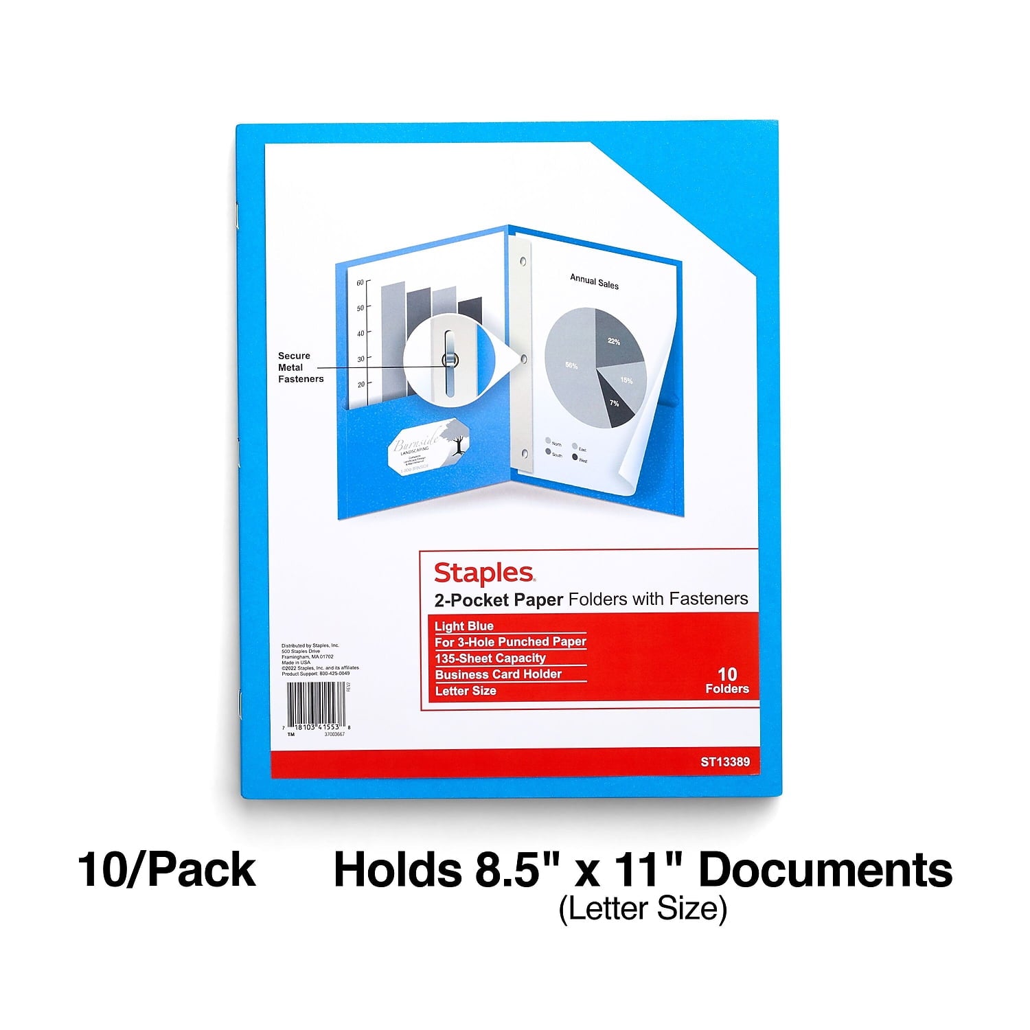 Staples 2-Pocket Folder with Fasteners Light Blue 13389