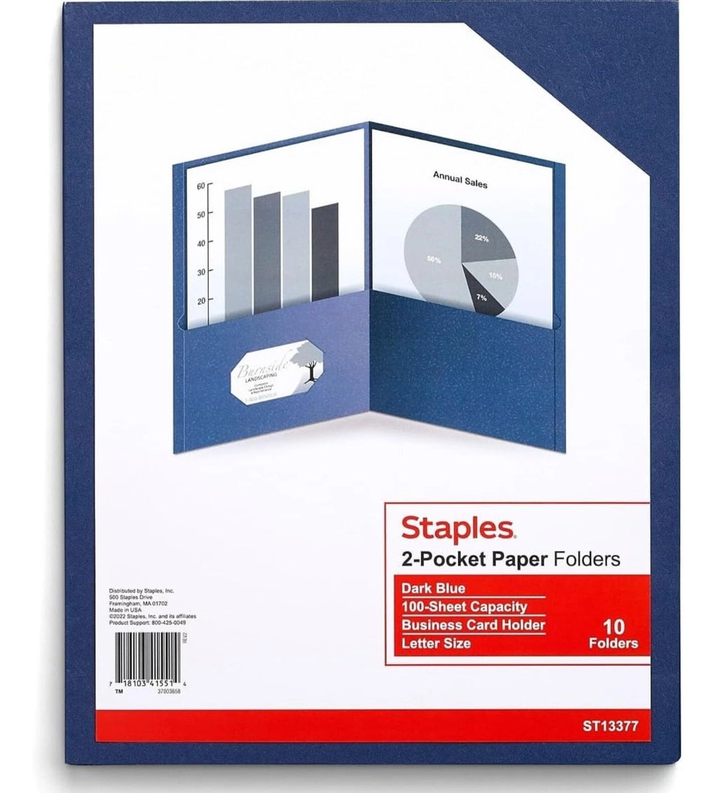 Staples 2-Pocket Folders Navy 10/Pack (13377-Cc) 50 Sheet Capacity New Sealed
