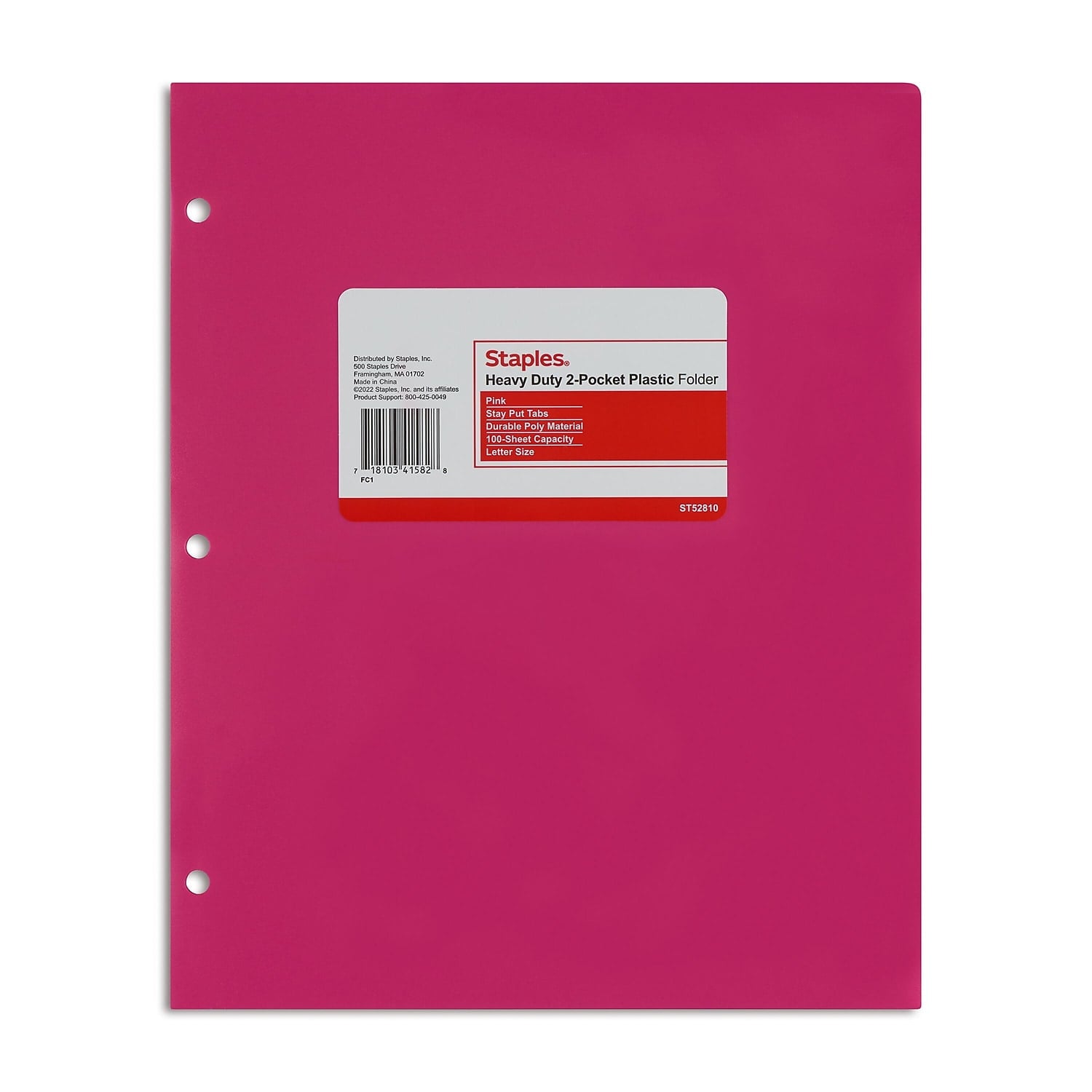 Staples 3-Hole Punched 2-Pocket Portfolios Pink 52810