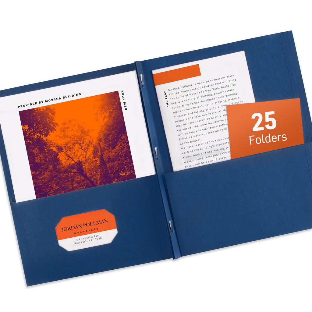 Two Pocket Folders with 3 Prong Fasteners, 25 Blue Folders (47975)