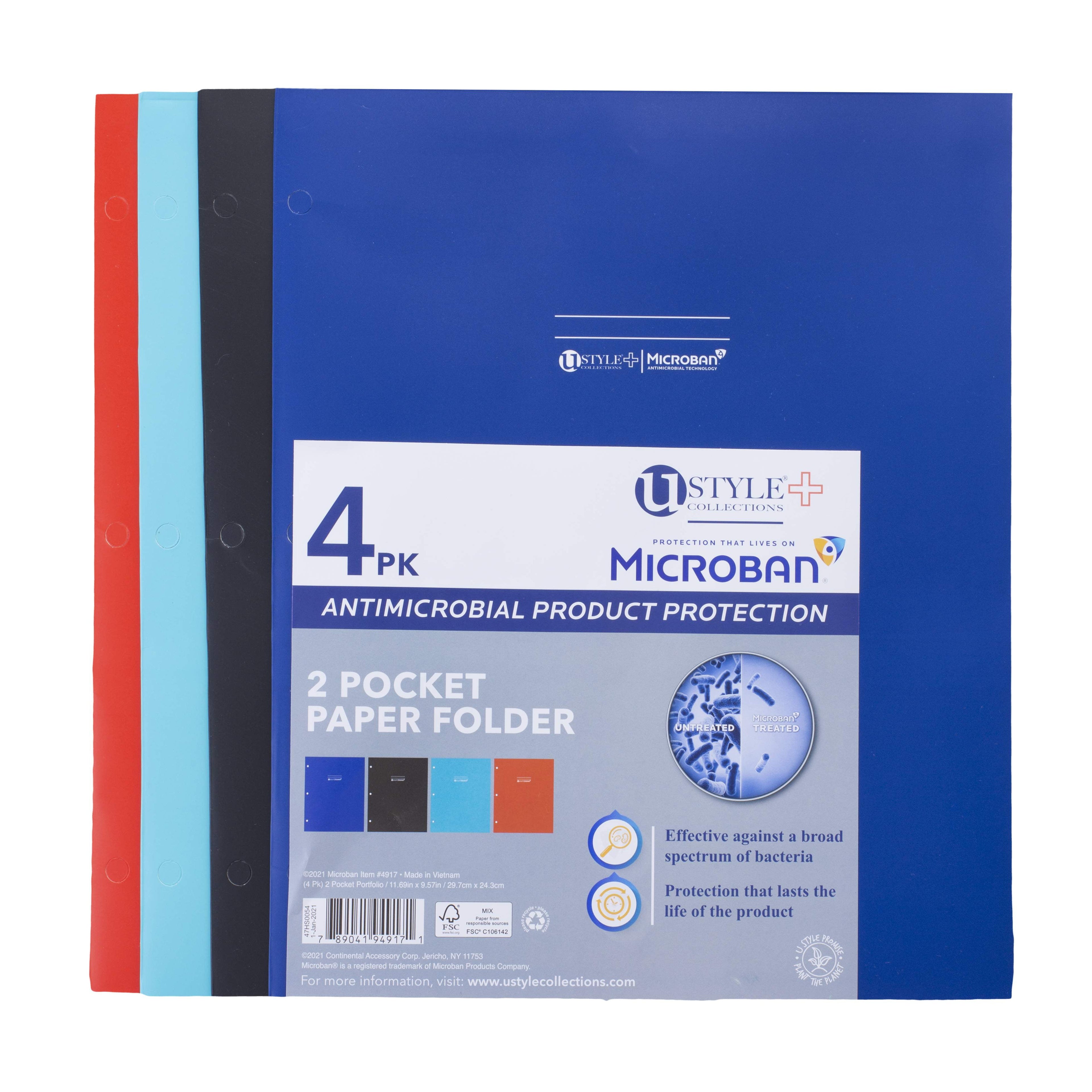 U Style Microban Two-Pocket Paper Folder, 11x9.5, Assorted, 4 per Pack, 4917