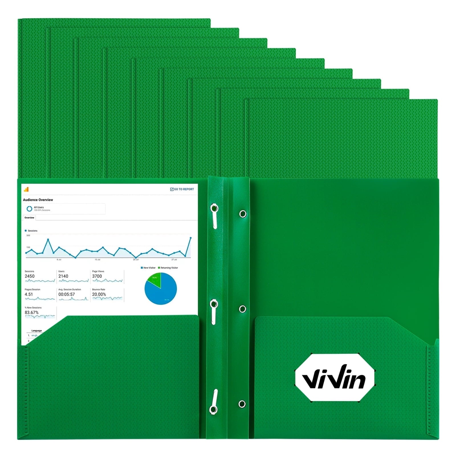 Vivin 10-Pack Plastic Folders with 3 Prongs and 2 Pockets, Green Lighting Pattern