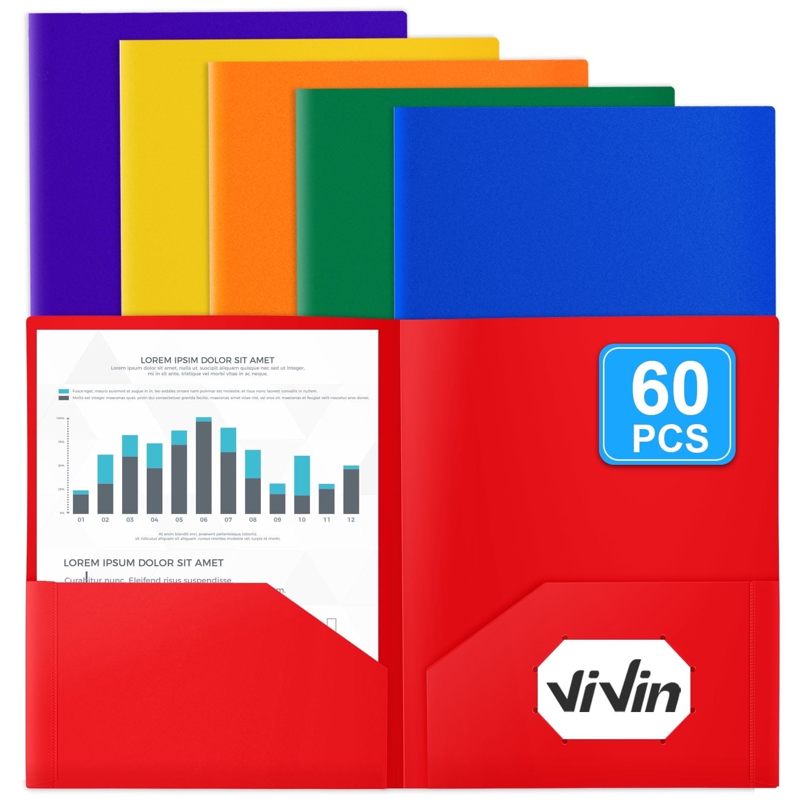 ViVin Plastic Folders with Pockets 60PCS, File Folders School Supplies, Assorted Colors