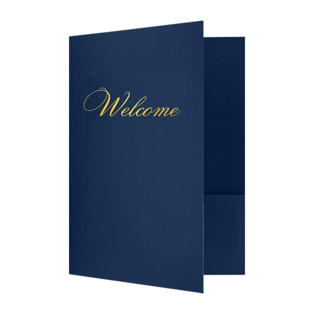 Welcome Packet Folders Dark Blue Linen Full Size with Two Pockets  25 pk 9x12 Gold Foil Membership, Church, Team, New Hire, Visitors Business Card Insert HR Professional
