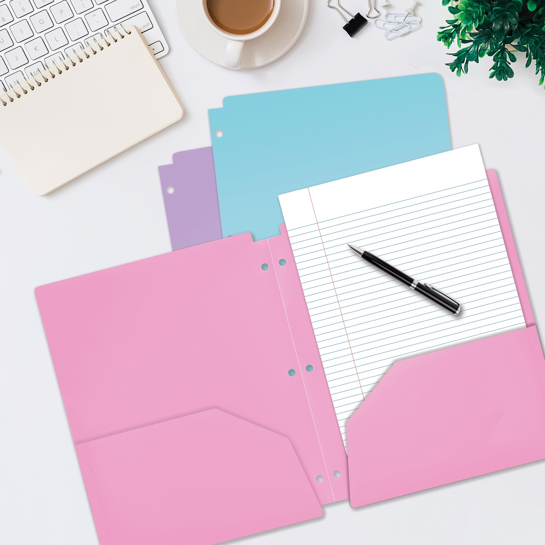 3 Hole Punch Pocket Folders, Bulk Pack, Sturdy Plastic 2-Pocket Folders, Assorted Pastel Colors, Letter Size, with Business Card Slot, by Better Office Products (6 Pack)