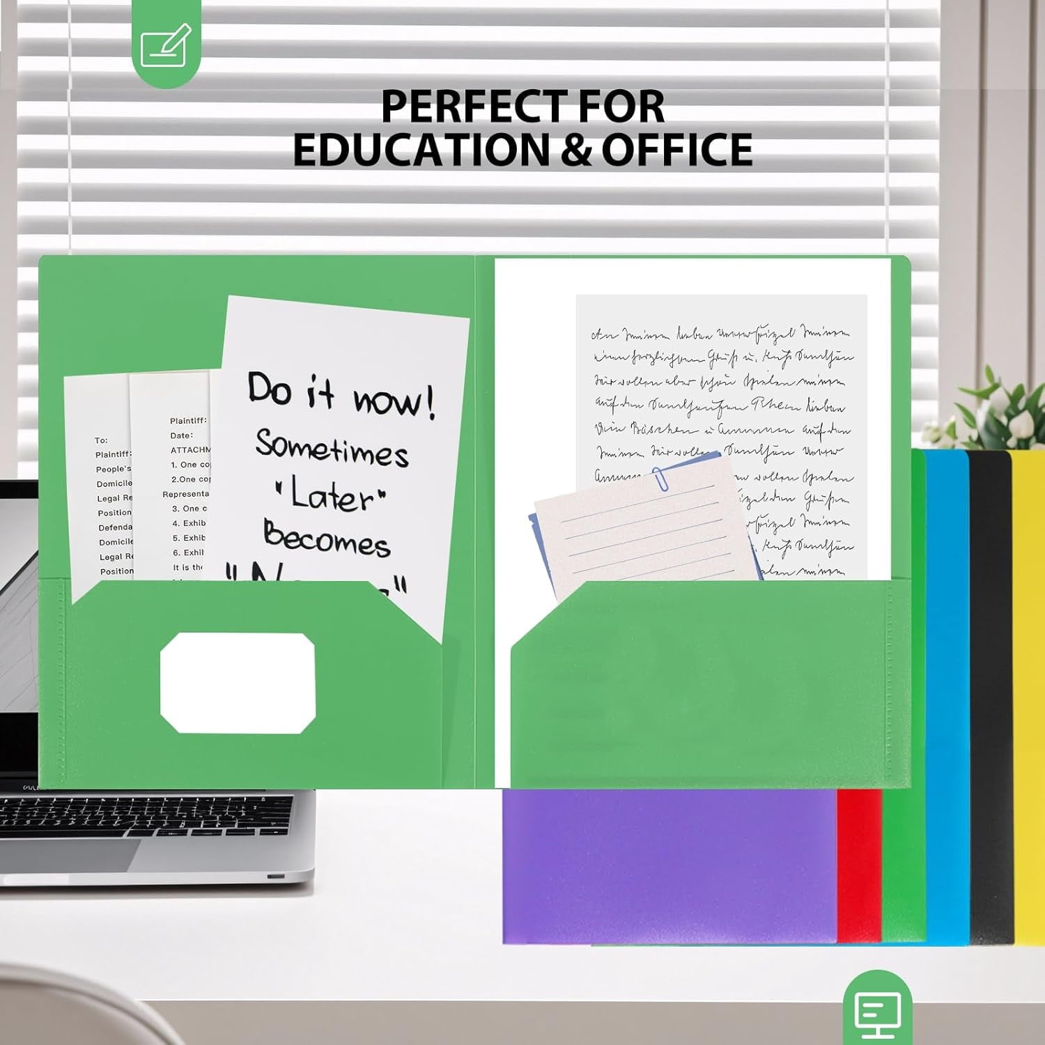 2-Pocket Letter Size Pocket Folders, Plastic folders for school office or home Multicolor, 6 Pack