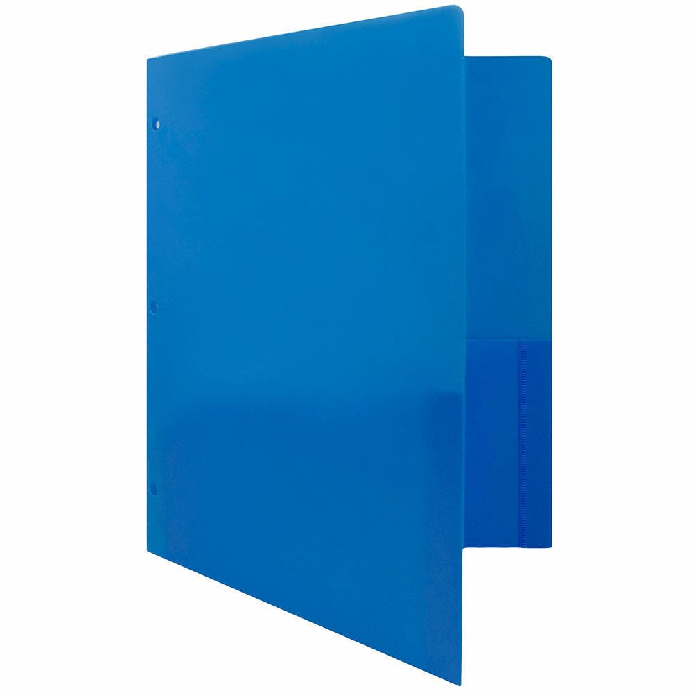 JAM Paper Heavy Duty Plastic 3 Hole Punch Pocket Folders, Extra Tough, Blue, Bulk 144/Box
