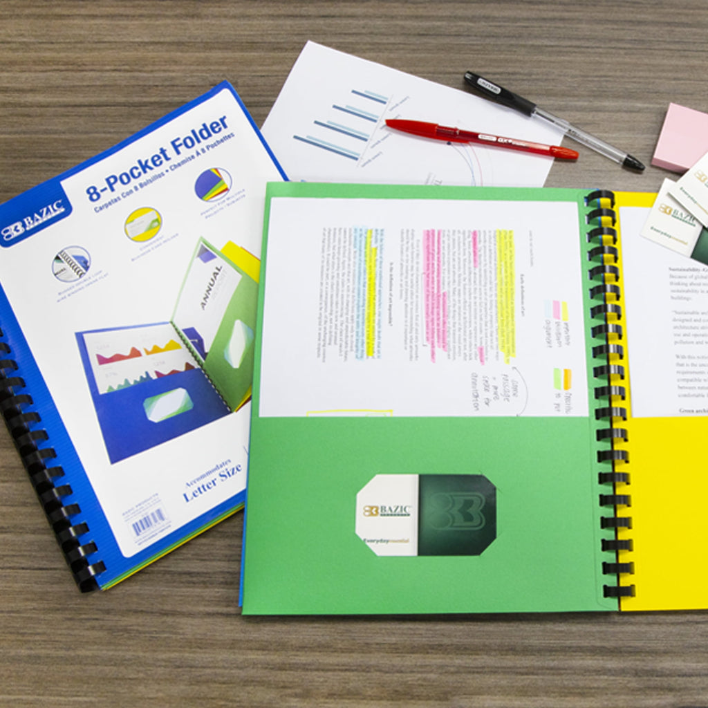 BAZIC 8 Pockets Folder Portfolios Letter Size Wire Binding Folders, 3-Pack