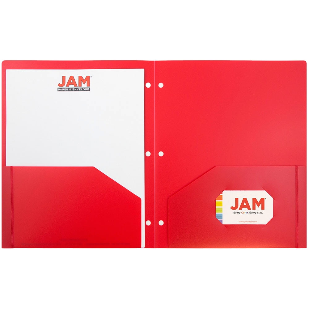 JAM Paper® Plastic Two Pocket 3 Hole Punched Presentation School Folder, Red, 108/pack