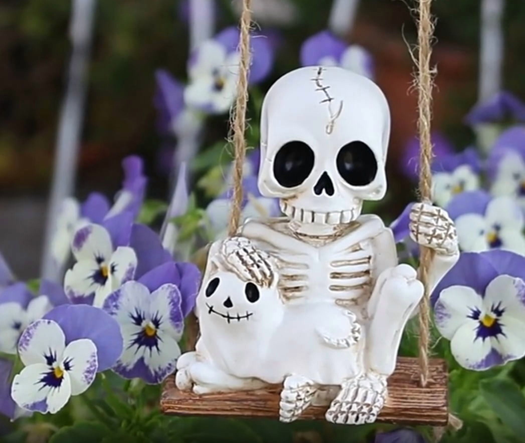 Halloween Skeleton Swing Decoration with Ghost Cat | Resin Garden Statue 3.15in | Outdoor Halloween Decor, Patio & Porch Hanging Ornament