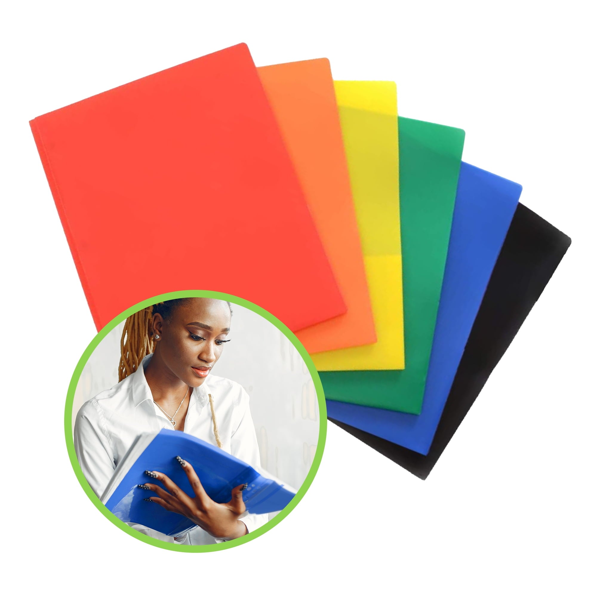 2 Pocket Multicolor Plastic Folders with Prong Fasteners, Black, Red, Green, Blue, Yellow, Orange, 6 Pack Plastic Folders