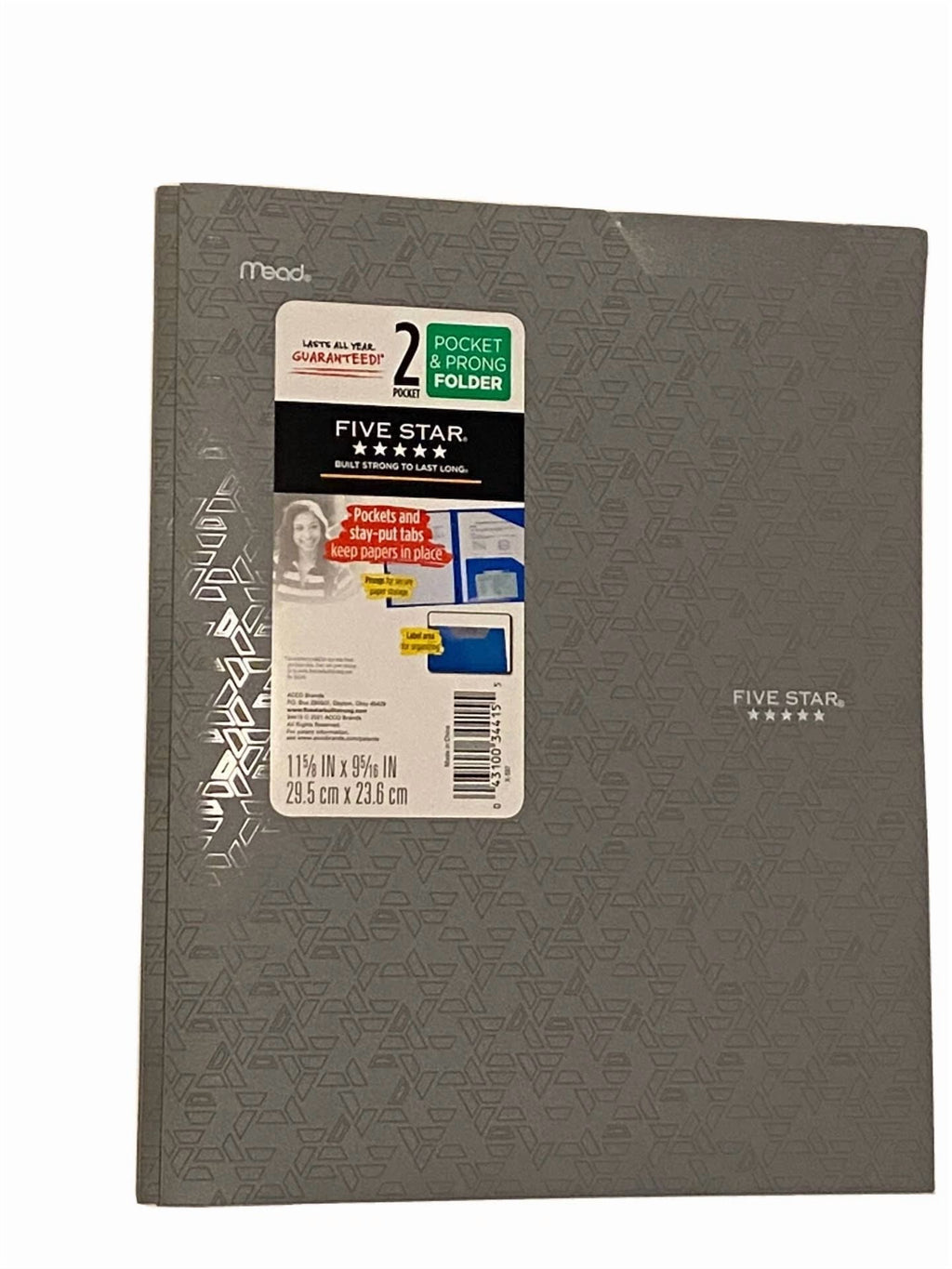 Set Of 3 Five Star 2 Pocket Folder With Prong Fasteners, Stay-Put Folders, Gray
