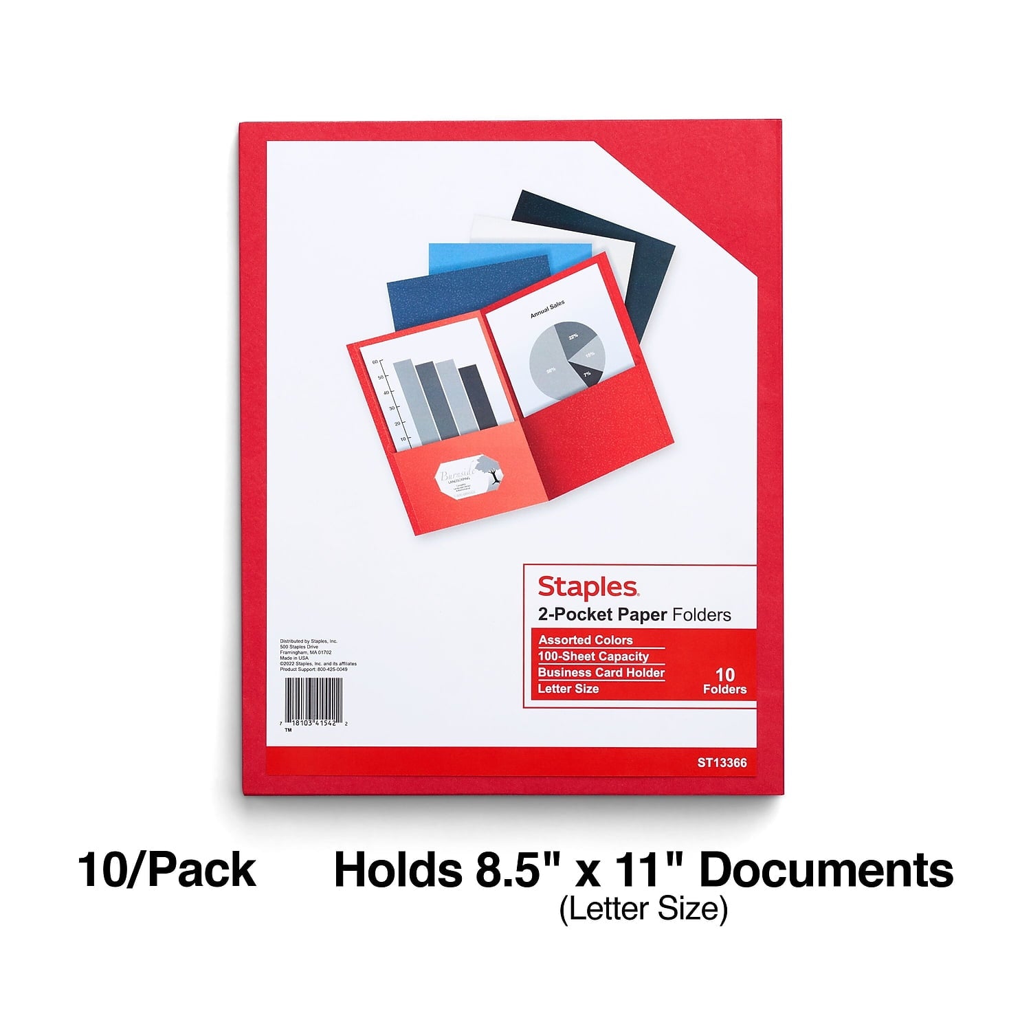 Staples 10% Recycled Smooth 2-Pocket Paper Presentation Folder Assorted Colors 10/Pack (13366-US)
