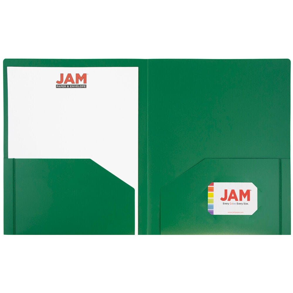 JAM Paper Heavy Duty Plastic 2 Pocket Extra Tough School Folders, Green, Bulk 144/Box