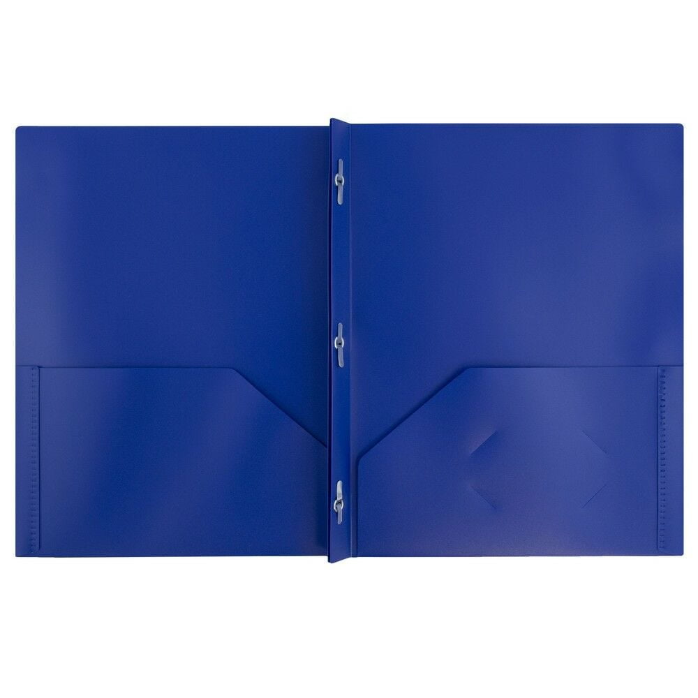 JAM Paper Plastic 2 Pocket School POP Folders with Metal Prongs Fastener Clasps, Dark Blue, 3/Pack