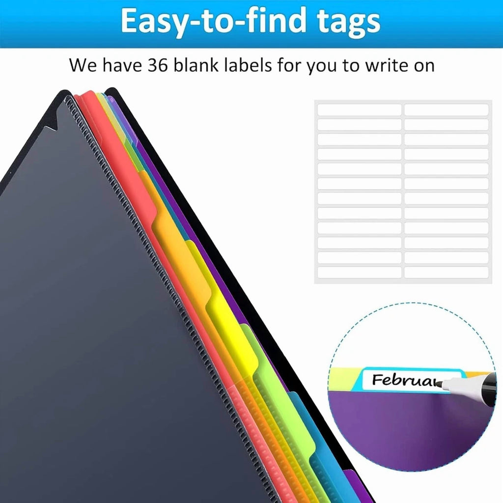 12 Pocket Plastic Folders With Pockets, 6 Colors Multi Pocket Folder Binder With
