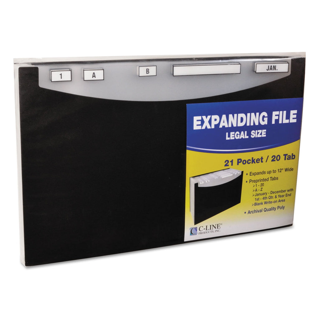 21-Pocket Stand-Up Design Expanding File, 12" Expansion, 21 Sections, 1/21-Cut Tab, Legal Size, Black
