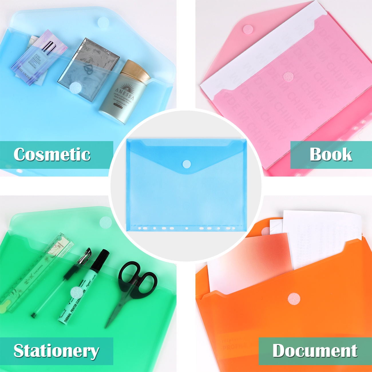 10 Pack Punched Pockets A4 Plastic Folders Wallets Ring Binder Files Popper Wallets for Home, Office and School