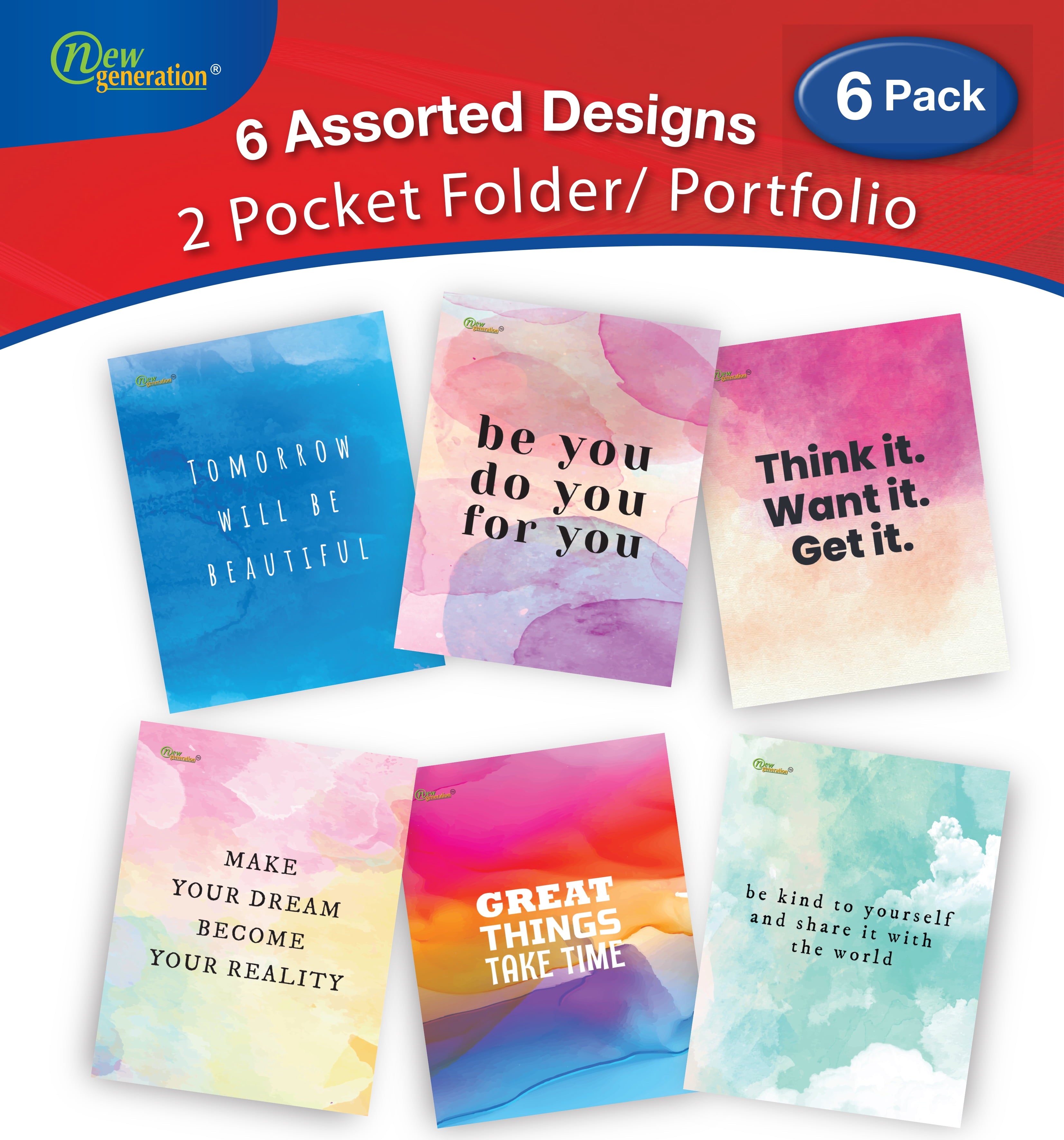 New Generation Water Color Design 2-Pocket Folders, Letter Size, Multicolor, 6 Count