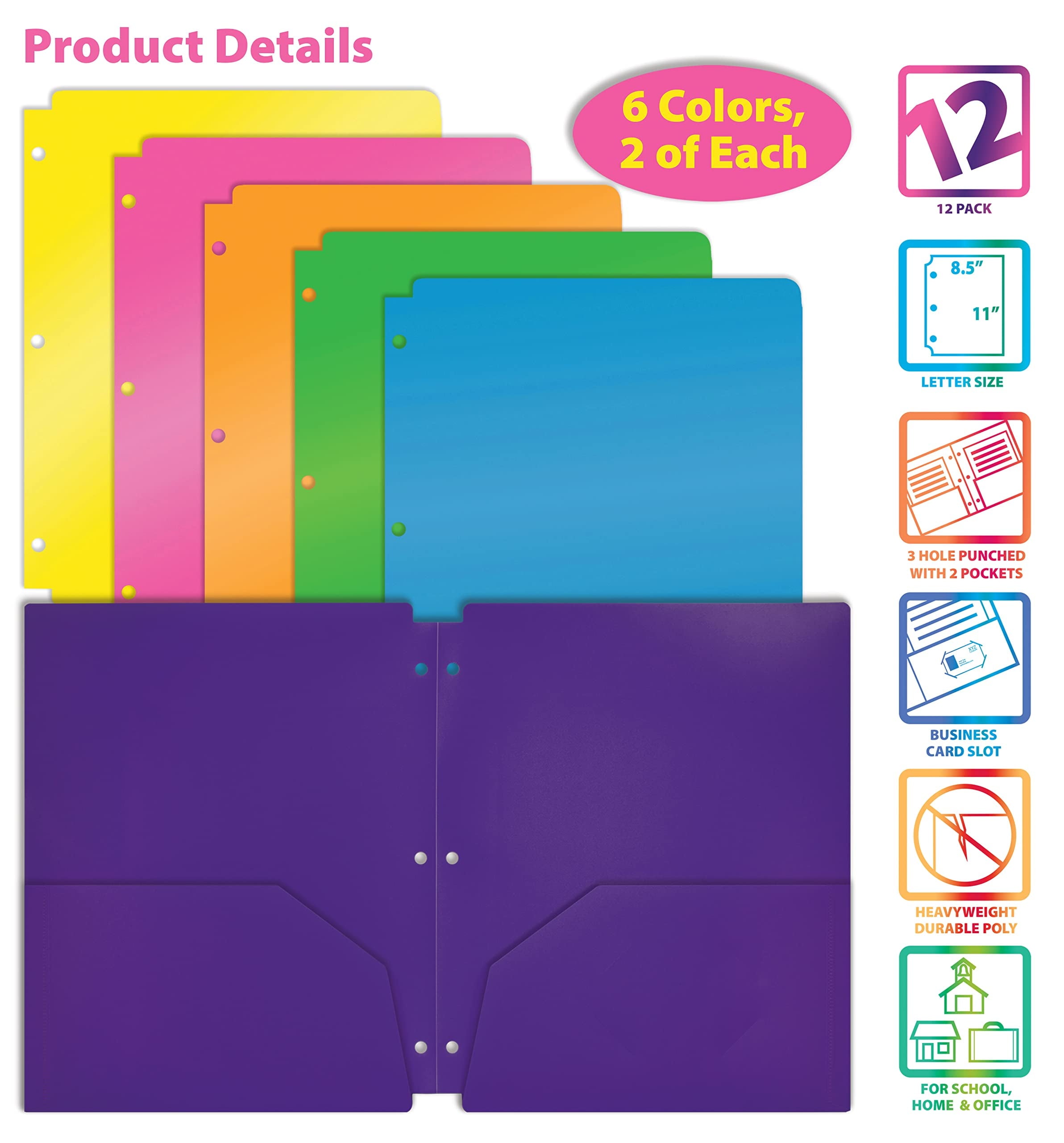 3 Hole Punch Pocket Folders, Heavyweight Plastic 2 Pocket Folders, Bulk Pack, Assorted Bright Neon Colors, Letter Size, with Business Card Slot, by Better Office Products (6 Pack)