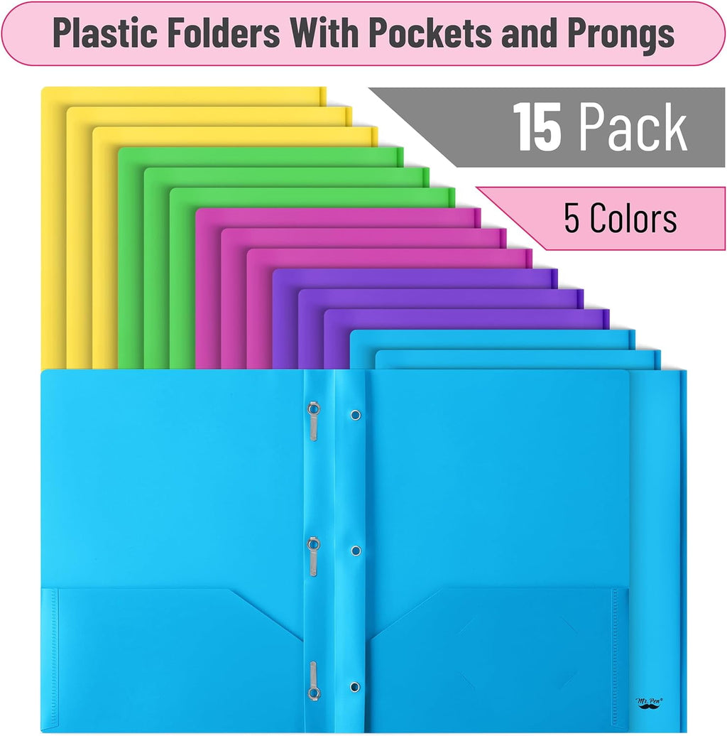Mr. Pen- Plastic Folders with Pockets and Prongs, 15 Pack, Vibrant Colors, Pocket Folders, Folders with Prongs