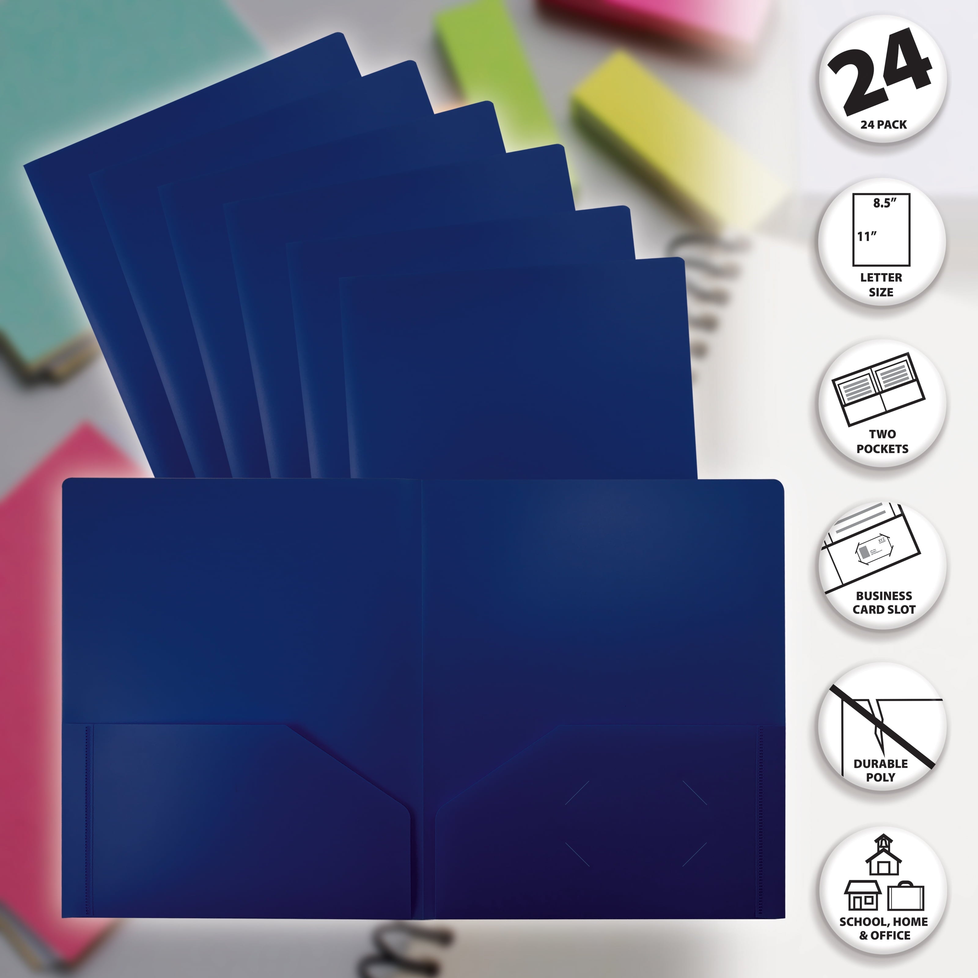 Heavyweight Plastic 2 Pocket Portfolio Folder, Letter Size Poly Folders by Better Office Products, 24 Pack (Blue)