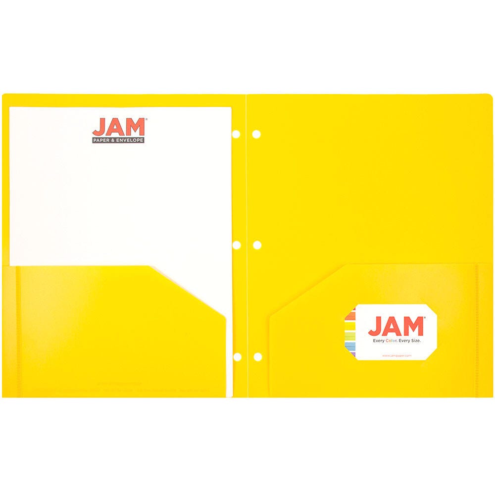 JAM Paper Heavy Duty Plastic 3 Hole Punch Pocket Folders, Extra Tough, Yellow, Bulk 48/Pack