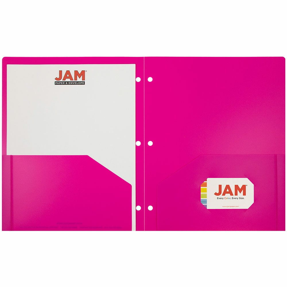 JAM Paper Heavy Duty Plastic 3 Hole Punch Pocket Folders, Extra Tough, Fuchsia Hot Pink, Bulk 144/Box